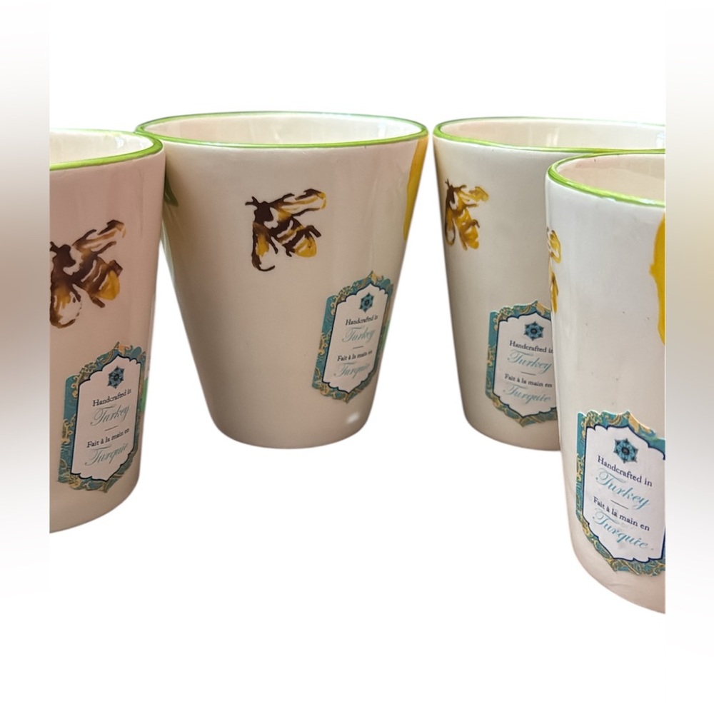 PAPART LEMON BEE DESIGN  WITH GREEN RIM CERAMIC COFFEE TEA CUPS MADE IN TURKEY